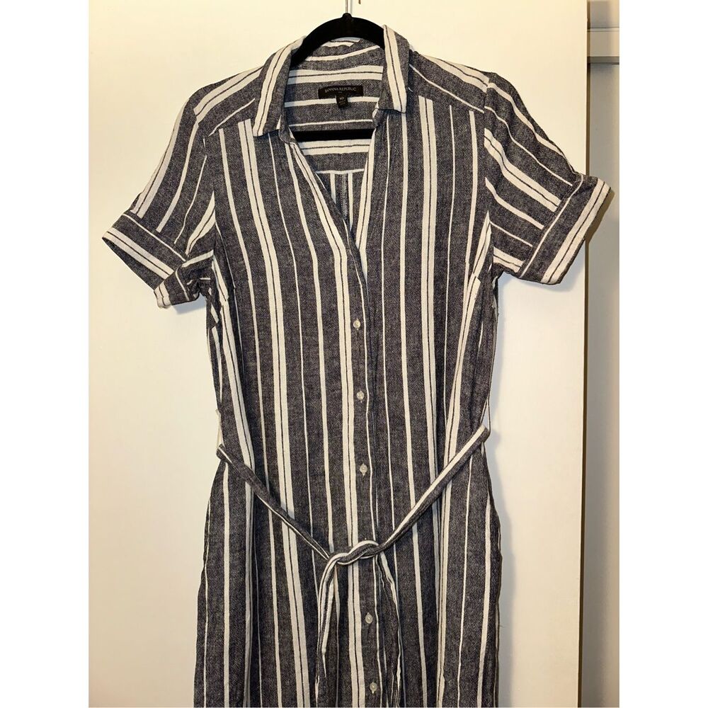 Banana Republic Blue White Stripe Linen Midi Collared Belted Dress 10 EUC - Picture 3 of 9
